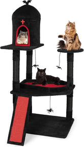 Gothic-Inspired Halloween Cat Tree Tower with Sisal Scratching Posts, House Cave, and Coffin-Shaped Platform