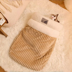 Warming Plush Cat Sleeping Bag: Enclosed Snuggle Sack with Burrow Entry for Winter - Cozy Fuzz Sleeping Bag for Anxious Cats