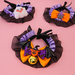 Halloween Pet Collar & Bandana Set for Cats & Dogs – Lace Pumpkin Bat Wing Bow Tie Accessories for Small & Large Pets
