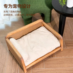 Premium Wooden & Wicker Dog Bed - Elevated Removable Cover Design for Small Dogs, All-Season Use with Breathable Summer Cooling