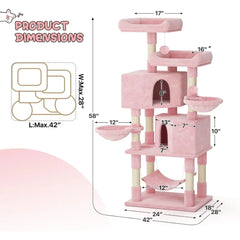 Large Indoor Cat Tree Tower with 58 Inch Height, Pink Scratching Post, Hammock, and Play House for Adult Cats