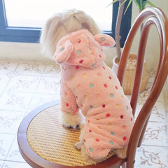 Fleece Rabbit Ear Hooded Polka Dot Onesie with Four Legs, Suitable for Small and Medium-Sized Dogs, Pet Apparel