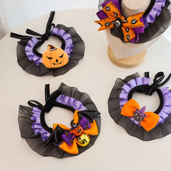 Halloween Pet Collar & Bandana Set for Cats & Dogs – Lace Pumpkin Bat Wing Bow Tie Accessories for Small & Large Pets