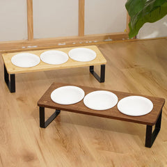 Bamboo Tilted Dual Pet Bowl Stand, Anti-Slip Elevated Dog Cat Feeder with 3 Ceramic Bowls for Neck Relief