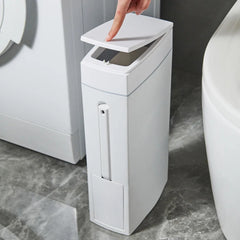 Slim Trash Can with Cleaning Brush and Lid Plastic Waste Basket Bathroom Trash Can for Bathroom Narrow Space