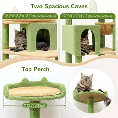 Sturdy 72 Cactus Cat Tree for Large Cats, Ideal for Maine Coons Over 20 lbs with 6 Scratching Posts, Hammock, Green S72