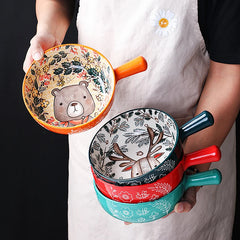 Single Handle Ceramic Bowl Noodle Bowl Forest Animal Design Large Bowl Creative Restaurant Household Flower Bowl Home Decoration
