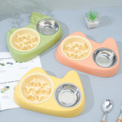 2-in-1 Pet Slow Feeder Bowl with Double Stainless Steel Bowls - Anti-Choking Food & Water Bowl for Dogs/Cats,