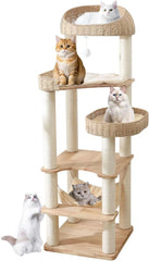 Wooden Cat Tree for Indoor Cats, 62-Inch Tall Cat Tower with Scratching Post for Large Cats, Solid Wood Cat Condo with Handwoven