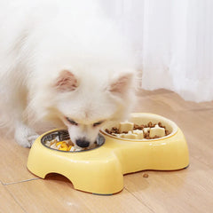 2-in-1 Pet Slow Feeder Bowl with Double Stainless Steel Bowls - Anti-Choking Food & Water Bowl for Dogs/Cats,