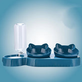 Three In One Cat Feeding Station, Durable Plastic Food And Water Bowls, Cute Cat Ear Design, Suitable For Two Cats To Eat