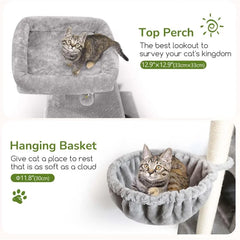 70inch Tall MultiLevel Cat Tree Tower with 4 Cat Condos 3 Scratching Posts 2 Hanging Baskets Padded Top Perch for Multiple Indo