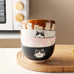 Korean Kawaii Bear Bowl Ceramic Kitten Rice Bowl Cartoon Cat Breakfast Oatmeal Milk Bowl Microwave Safe Household Cat Plate