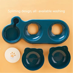 Three In One Cat Feeding Station, Durable Plastic Food And Water Bowls, Cute Cat Ear Design, Suitable For Two Cats To Eat