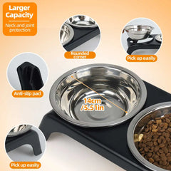 Elevated pet bowl with two stainless steel bowls, suitable for small and medium-sized dogs and cats, available in black and gray
