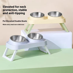 Stainless Steel Foldable Pet Bowl Double Dish - Elevated Feeder with Neck Support Anti-Tip Design for Cats Dogs