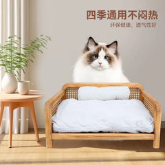 Premium Wooden & Wicker Dog Bed - Elevated Removable Cover Design for Small Dogs, All-Season Use with Breathable Summer Cooling