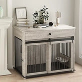 Wooden Storage Drawer Dog Crate with Sliding Door for Medium to Large Dogs, Indoor Pet House with Side Table