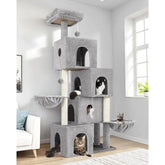 70inch Tall MultiLevel Cat Tree Tower with 4 Cat Condos 3 Scratching Posts 2 Hanging Baskets Padded Top Perch for Multiple Indo