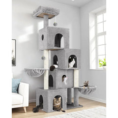 70inch Tall MultiLevel Cat Tree Tower with 4 Cat Condos 3 Scratching Posts 2 Hanging Baskets Padded Top Perch for Multiple Indo
