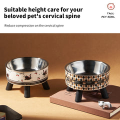 A fashion printed stainless steel pet bowl for feeding and water, high-legged cat bowl with neck protection, cartoon feeding dog