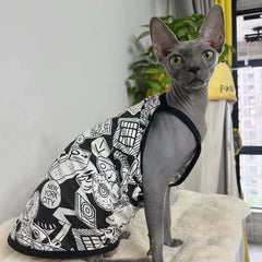 Cotton Cartoon Vest for Sphynx Cat in Summer Fashion T-shirt for Kittens Breathable Halter Tops for Cat Pajamas for Devon Rex