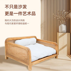 Premium Wooden & Wicker Dog Bed - Elevated Removable Cover Design for Small Dogs, All-Season Use with Breathable Summer Cooling