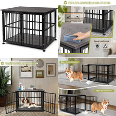 Heavy-Duty Wooden Dog Crate with Side Door, 32 Inch Pet Cage Furniture, Decorative End Table Kennel