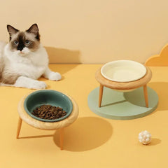 800ml Ceramic Cat Dog Bowl with Wood Stand-Elevated Eating Drinking Feeder Suitable Small Medium Pets Practical Feeding Supplies