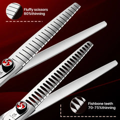 Fenice Dog Scissors JP440C 7/7.5 inch Flame Screw Pet Straight Fluffy Thinner Shark Teeth Curved Chunker Grooming Scissors