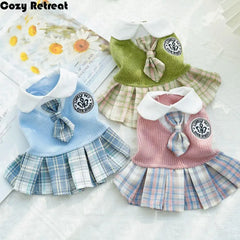 Kawaii Pet JK Plaid Skirt Knitted College Style Cat Clothes Small Medium Size Comfortable Design Dog Dress Autumn/Winter