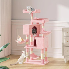 Large Indoor Cat Tree Tower with 58 Inch Height, Pink Scratching Post, Hammock, and Play House for Adult Cats