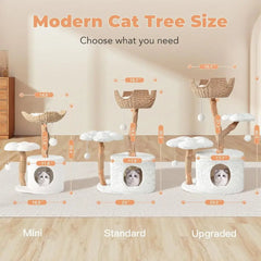 Luxury Wooden Cat Tower with Scratching Posts and Flower Platforms for Small Cats, White Modern Cat Condo