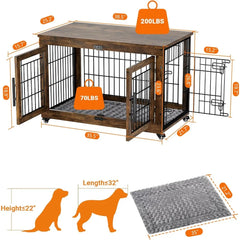 Dog Crate Furniture with Cushion, Large Wooden Dog Kennel Indoor with Double Doors,Dog Cage with Wheels,Dog House Side End Table