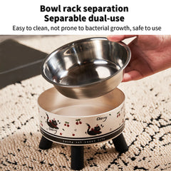 A fashion printed stainless steel pet bowl for feeding and water, high-legged cat bowl with neck protection, cartoon feeding dog