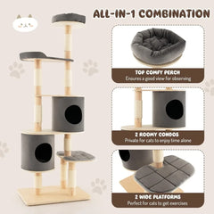 Very PETSITE 75" Tall Cat Tree, Large Rubber Wood Cat Tower With 2 Removable Condos, Scratching Post, Top Perch, 6-Tier Modern C