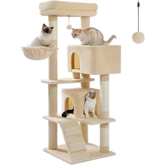 Cat Tree for Indoor Cats, 2 Cozy Condos with Spacious Top Perch, 56.3-Inch Multi-Level Cat Tower with Scratching Posts, 2 Caves