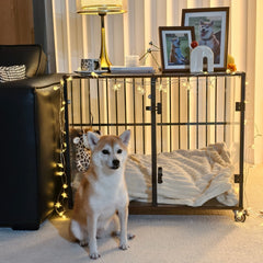 Furniture Style Tempered Glass Dog Crate Cage Pet Kennel End Table Rolling Wheels, Ventilated Bars, for Samll and Medium Dogs