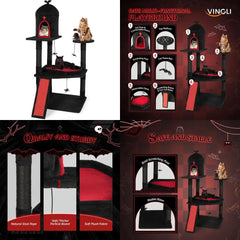 Gothic-Inspired Halloween Cat Tree Tower with Sisal Scratching Posts, House Cave, and Coffin-Shaped Platform