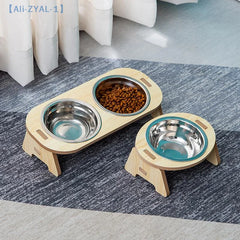 【ZYAL-1】2-In-1 Cat And Dog Feeding Bowls Anti-tip Bowls Stainless Steel Pet Bowls With Wooden Supports Neck Protection Design