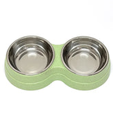Stainless Steel Double Pet Bowl Wheat Straw Base Dog Cats Feeder Cat Puppy Feeding Food Water Container Dispenser Pet Supplies