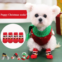 4pcs Winter Thick Dog Socks Pet Paw Protector Booties Christmas Pet Small Cat Knit Warm Socks Dog Anti-Slip Socks Chihuahua