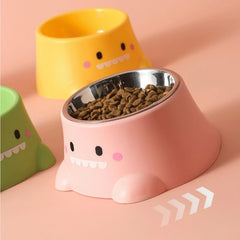 Cartoon Dinosaur 15° Tilted Pet Bowl: Elevated Stainless Steel Dish with Neck Support - Fun & Cute Feeder for Cats & Puppy