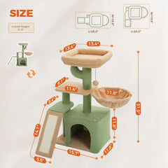 Cactus Cat Tree for Indoor Cats, Sisal Scratching Ramp, Cozy Hammock and Removable Top Bed Perch for Kittens, Green