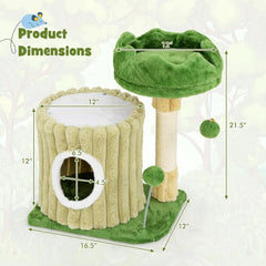 Green Cat Tower with Enclosed Condo, Plush Top Perch, Hanging Pom-Pom, Spring Toy, and Sisal Scratching Pad