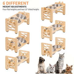 Adjustable Heightened Cat Bowl Stand for Small Dogs and Cats, Sturdy Wooden Pet Food Feeder with 2 Stainless Steel Bowls