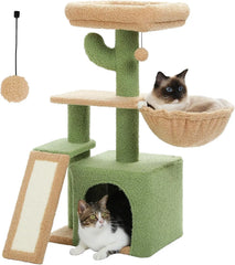 Cactus Cat Tree for Indoor Cats, Sisal Scratching Ramp, Cozy Hammock and Removable Top Bed Perch for Kittens, Green