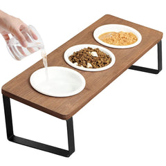 Bamboo Tilted Dual Pet Bowl Stand, Anti-Slip Elevated Dog Cat Feeder with 3 Ceramic Bowls for Neck Relief