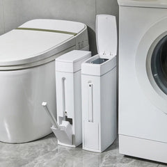 Slim Trash Can with Cleaning Brush and Lid Plastic Waste Basket Bathroom Trash Can for Bathroom Narrow Space