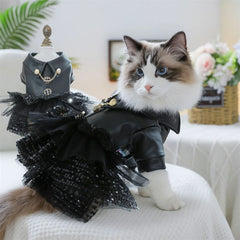 Fashion Cat Puppy Sequin Dress Soft Leather Top with Lace Skirt for Female Small Dogs And Cats Autumn Winter Pets Clothes